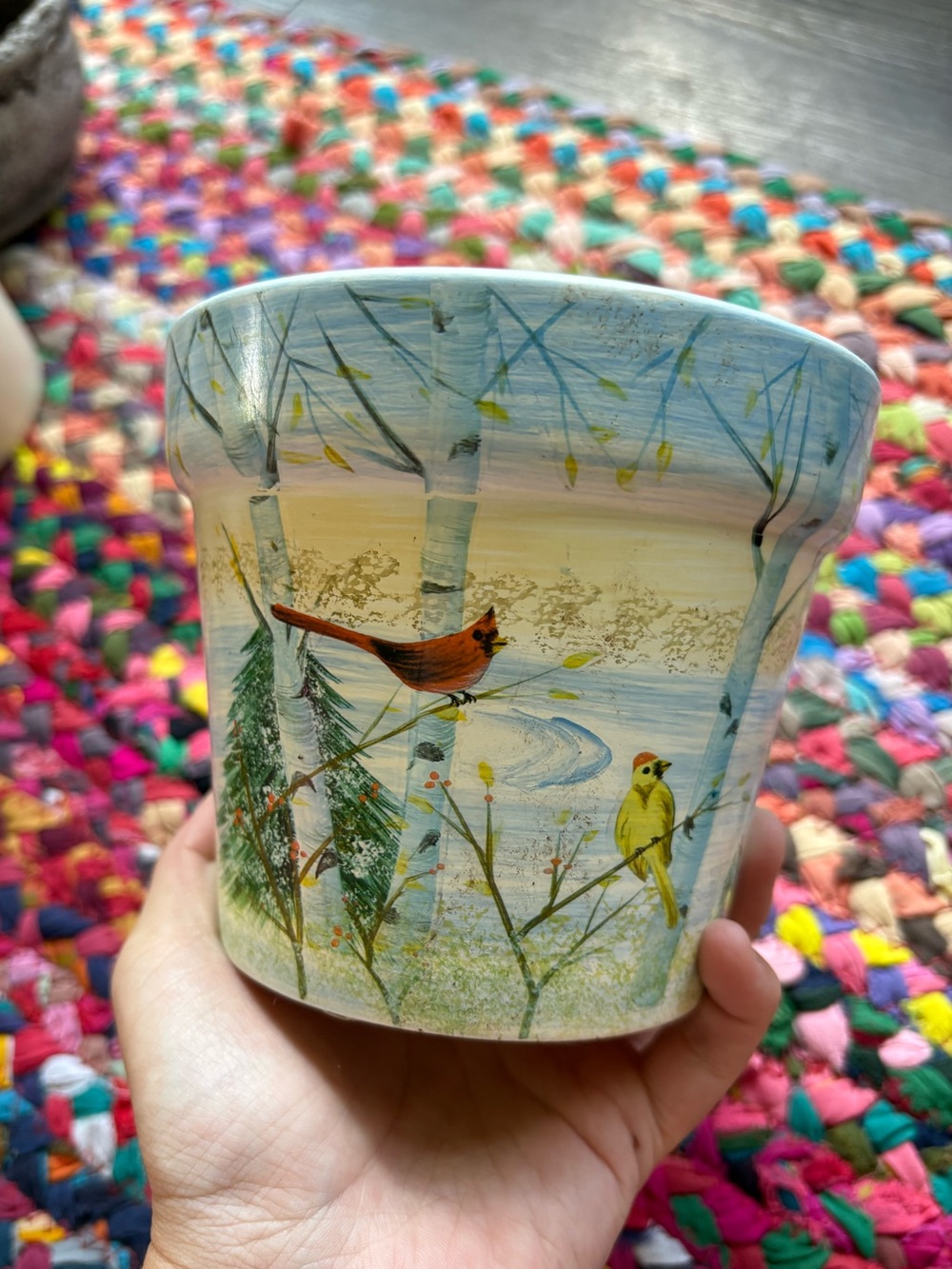 HAND-PAINTED WINTER BIRD CERAMIC PLANTER POT